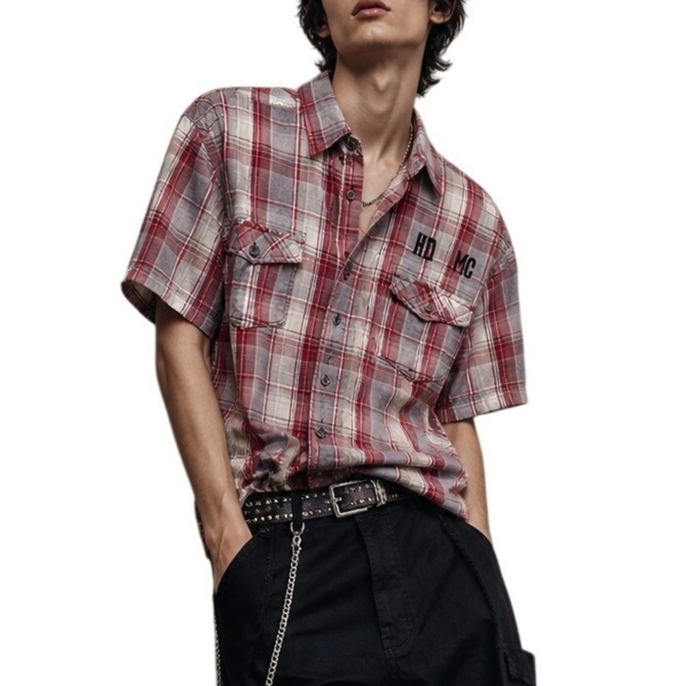 Harley-Davidson Mens XL Red Plaid Short Sleeve Button Up Shirt HD MC Embroidered